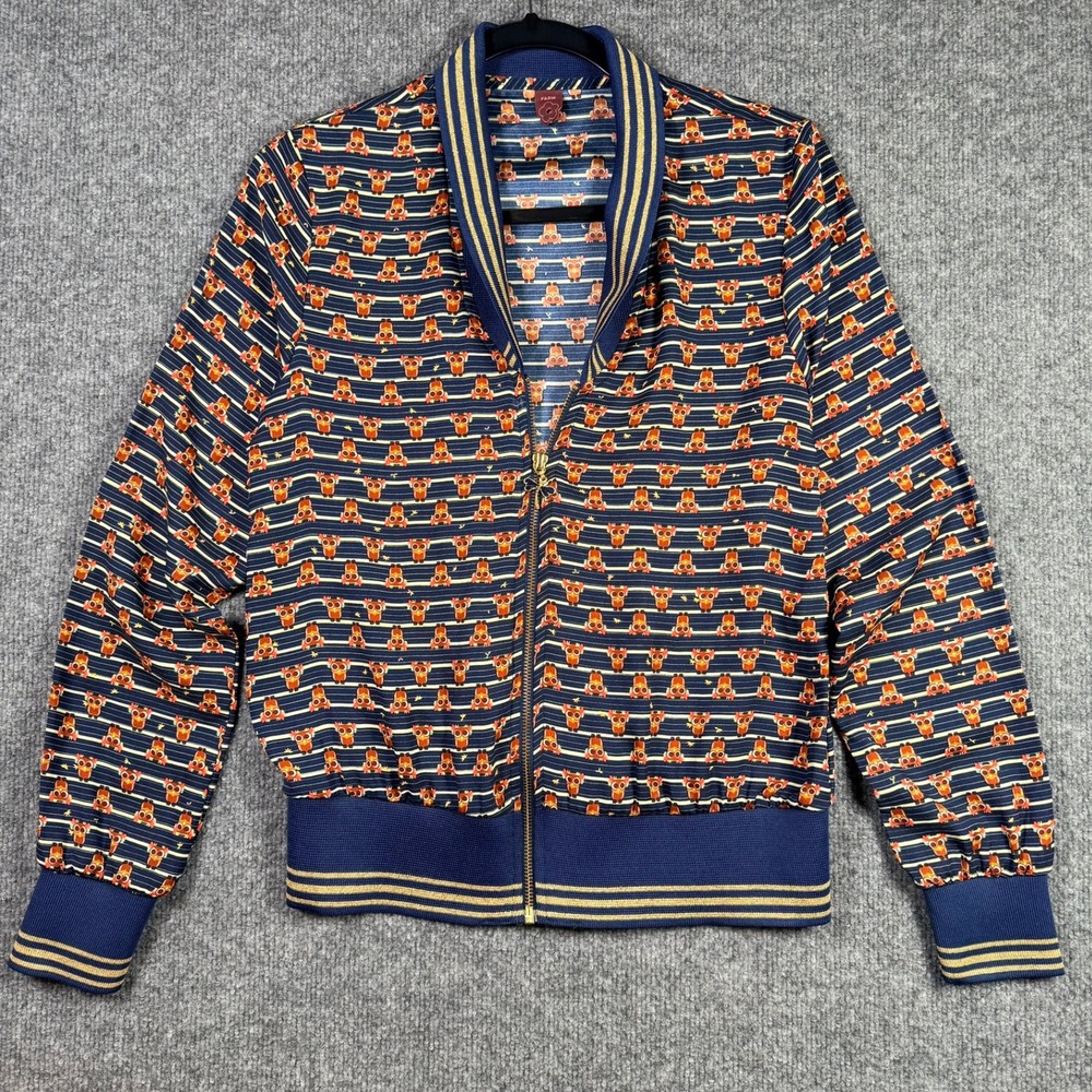 Farm Rio Bomber Jacket Womens Medium Navy Blue Owl Print Metallic RARE Zip Up - Picture 2 of 9